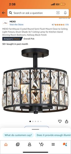 MEXO Farmhouse Crystal Round Semi Flush Mount Close to Ceiling Light Fixture, Drum Shade 3LT Ceiling Lamp