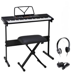 61-Key Portable Electronic Piano LED Display Keyboard Kit W/ Music Stand, Headphones, Microphone, Black