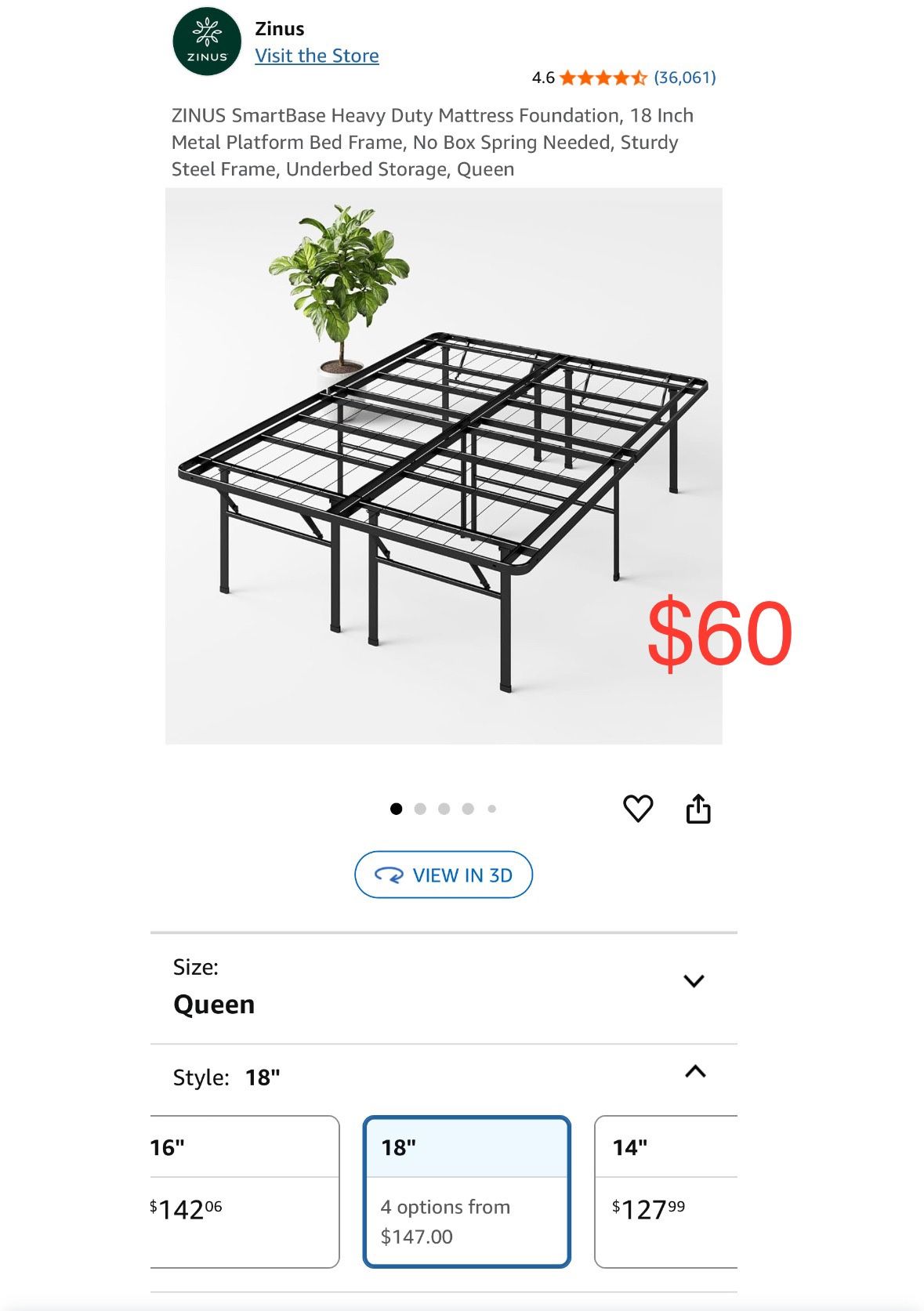 ZINUS Queen 18 Inch Metal Platform Bed Frame