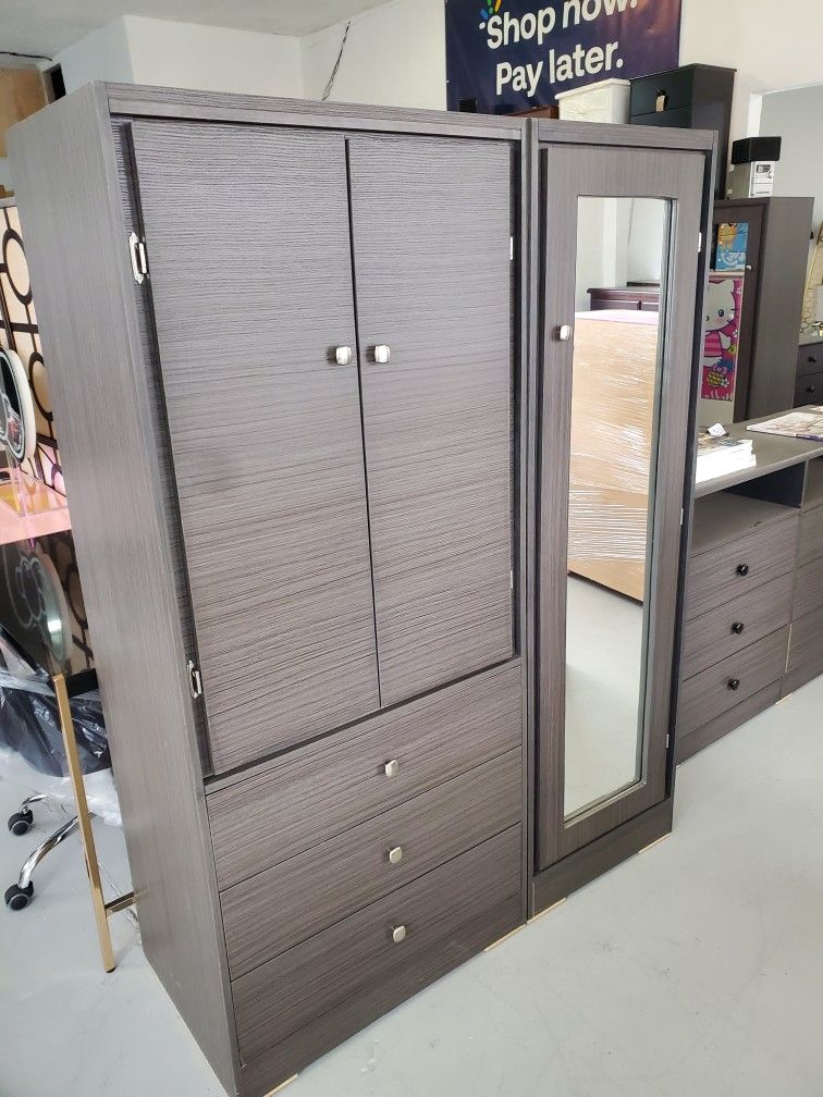 New Grey Assembled Armoire Wardrobe With Mirror Shelving Storage Special