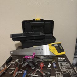 Tool Box; Lot of Pocket Knives, Multi Tool, Hand Saw