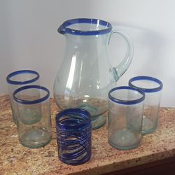 Mexican Blue Glass Water Pitcher Set