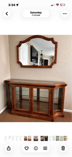 Lighted Glass Display Cabinet + Matching Mirror