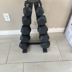 5-25 of rubber hex dumbbells weights 150lbs total with rack