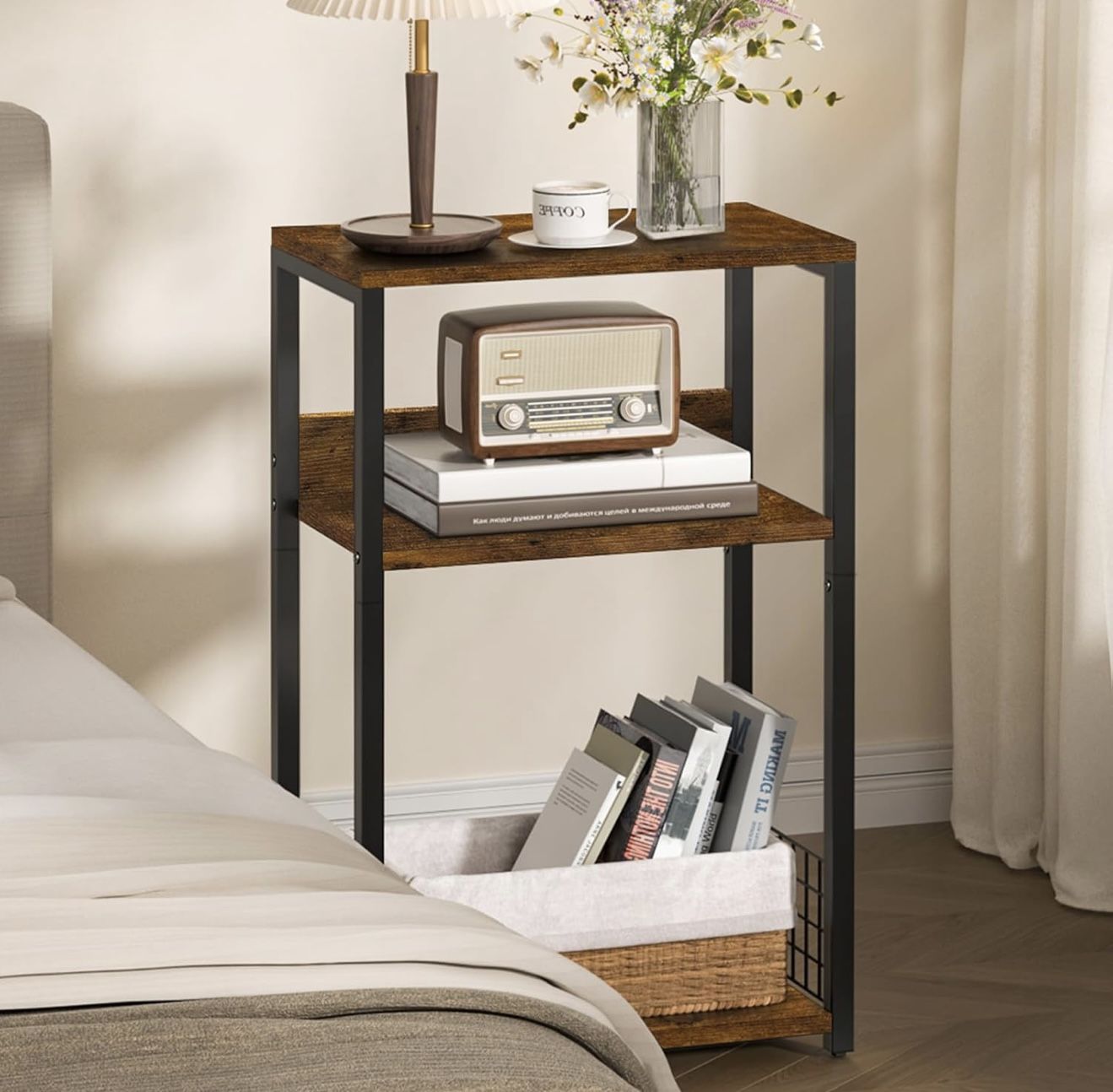 Large Brown Record Player Stand, 3 Tier Big End Table