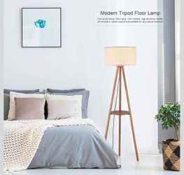 Wood Tripod Floor Lamp, Farmhouse Shelf Wooden Standing light Drum Shade for Living Room, Bedroom, Office, Footswitch,ETL Listed/Brown Wood Color, 3 C