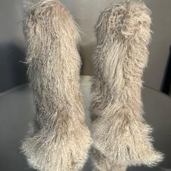 Shaggy Real Fur Custom Nude Knee Boots Sizes 8.5 