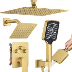 Brand New Shower System with Pressure Balance Valve, 12" Ceiling Mount Shower Faucet Set with 2 Rain Shower Head And Multi-function Handheld Head Push