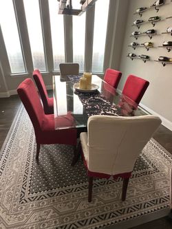 Modern Glass Top Dining Table with 6 Upholstered Chairs – 78” – Good Condition
