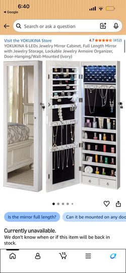 YOKUKINA 6 LEDs Jewelry Mirror Cabinet, Full Length Mirror with Jewelry Storage, Lockable Jewelry Armoire Organizer, Door-Hanging/Wall-Mounted (Ivory)