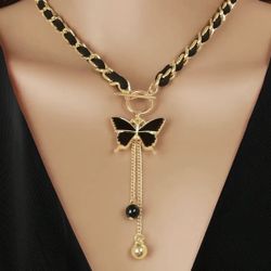 Brand New Black & Gold Toned  Chain Butterfly Pendant Necklace Choker Tassel