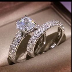 * SALE* 2 PC Set Created White Sapphire Wedding Bridal Ring Stamped 925 SZs 6/8/9  *See My Other 800 Items*