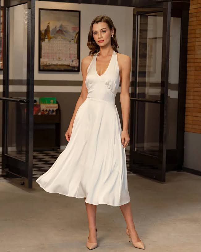 White Satin Elegant Midi Dress
