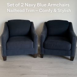 2 Navy Blue Armchairs with Nailhead Trim 