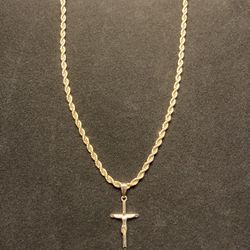 Gold Chain Rope Chain 20in 4mm And Gold Cross Crucifix Pendant Set 