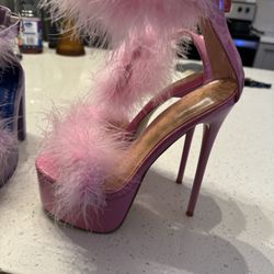 Pink Fluffy High Heels/striper Heels