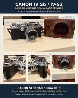 1952 Canon IV Sb Vintage 35mm Rangefinder Camera + Serenar 50mm f/1.8 Lens & Leather Case