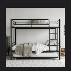 Metal Bunk Bed With Trundle And 3 Twin Size Mattress