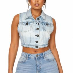 HIGHWAY JEANS Y2K Bleached Star Cropped Denim Vest Light Wash L