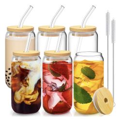 6 Pcs Drinking Glasses with Bamboo Lids and Glass Straw - 16 Oz Can Shaped Glass Cups for Beer, Ice Coffee, Cute Tumbler Cup Great for Soda Boba Tea C