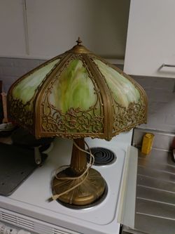 Authentic Edward Miller 8-Panel Bent Slag Glass Lamp - Base #1600