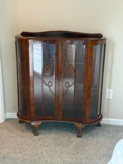 Vintage Wood Curio Cabinet with Glass Shelves and Claw Feet