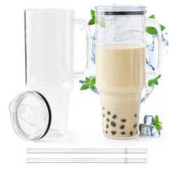 Glass Cups with Lids and Straws 40 oz Glass Tumbler with Straw and Lid 2 Pack Glass Tumbler with Handle Wide Mouth Iced Coffee Cups for Smoothies, Sod