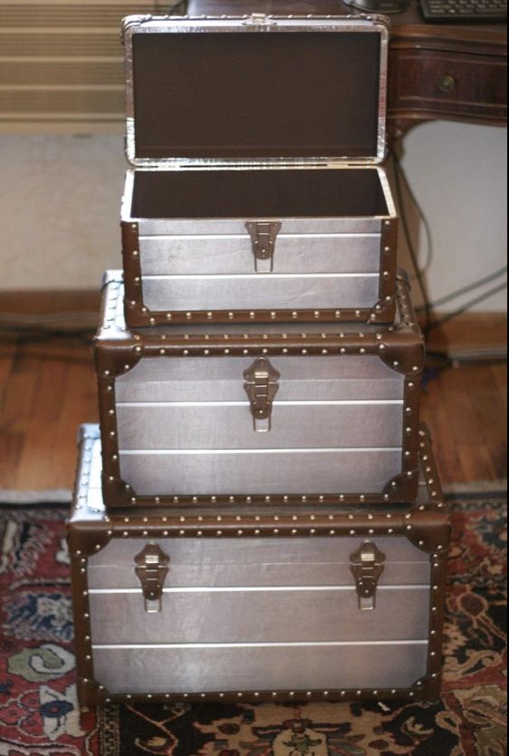 NEW Storage Trunks Set Of 3, Stone & Beam Mid-Century Modern Storage Trunk W/ Leather Nailhead Trim !