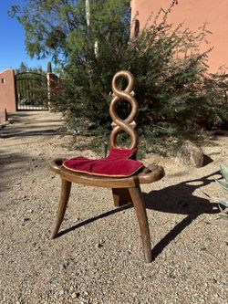 Mid Century Birthing Chair Antique Vintage Wood Trefoil Design Cushion Sonseca Spain