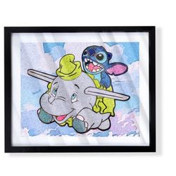Stitch Flying on Dumbo Custom Disney Art In Black Frame