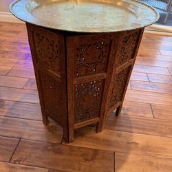 Beautiful Asian Antique Brass And Wood Table