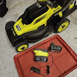 Ryobi One HP 16” 18 volt 4 Ah push Mower With 2 Batteries And charger