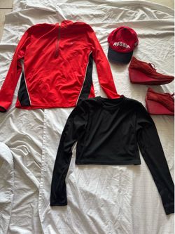 4 pieces set red sport jacket, top, cap, shoes, snickers
