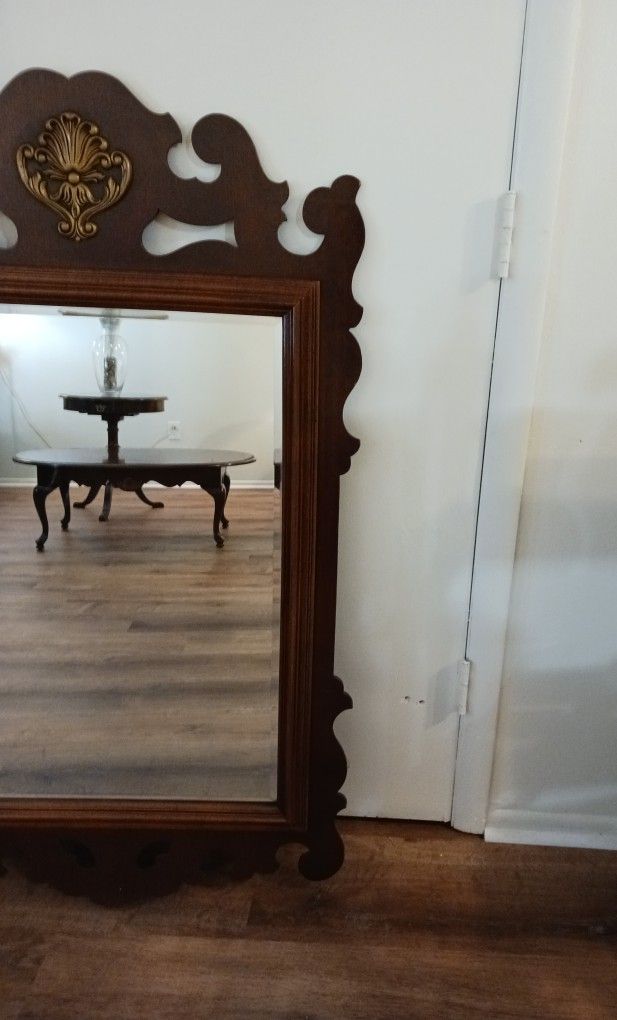 Cherry wood mirror, cocktail, and side table