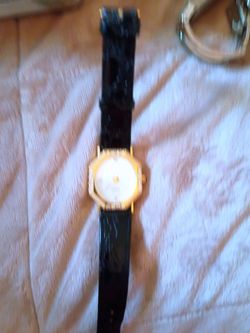 Gold-Tone Watch with Black Leather Strap
