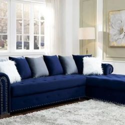 Brand New Glam Blue Velvet Plush Sectional Sofa With Pillows Included