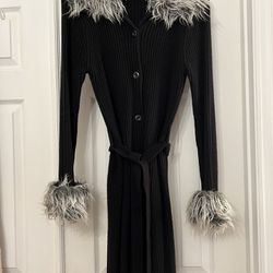 Vintage 1990's Black Faux Fur Removable Trim Jersey Knit Duster Cardigan sz Medium