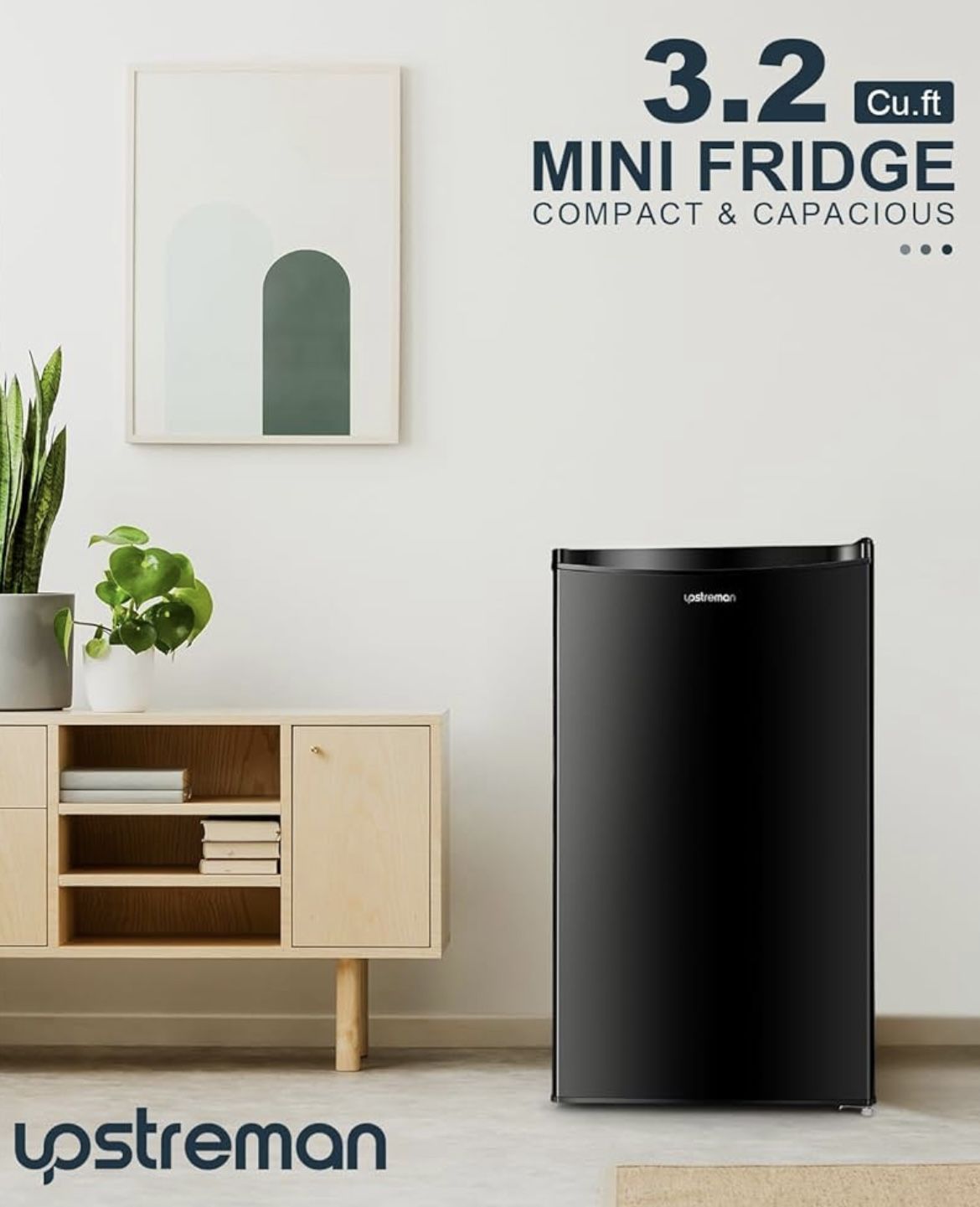 Upstreman 3.2 Cu.Ft Mini Fridge with Freezer, Single Door, Adjustable Thermostat, Refrigerator for Dorm, Office, Bedroom, Black-BR321