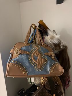 Denim and Tan Studded Dome Satchel Bag