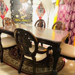 Dark Wood Dining Table with 6 Carved Chairs