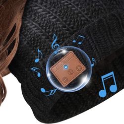 Beanie Hat Bluetooth Headphone Ponytail Warm Beanies for Women Built-in Mic (Black)