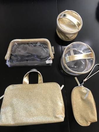 NEW Liz Claiborne 5 pc Gold Glitter Bling Cosmetics Jewelry Travel Set