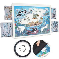 Playboda 1500 Pieces Rotating Plastic Puzzle Board with Drawers and Cover, 35"x27" Portable Jigsaw Puzzle Table for Adults, Lazy Susan Spinning Puzzle