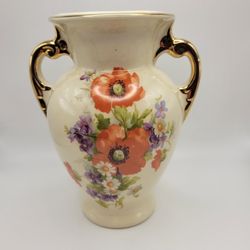 Vintage Unmarked Ceramic Vase Gold Arm Handles Poppy Flowers 6 5" Tall