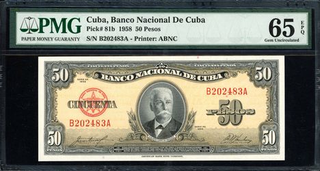 1958 50 Pesos Banco Nacional de Cuba. PMG Gem Unc. 65EPQ