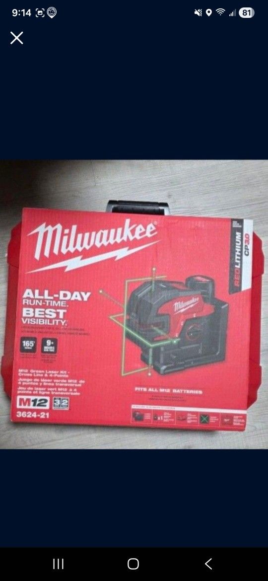 Milwaukee M12 Green Cross Line & 4 Points Laser Kit 3624-21
