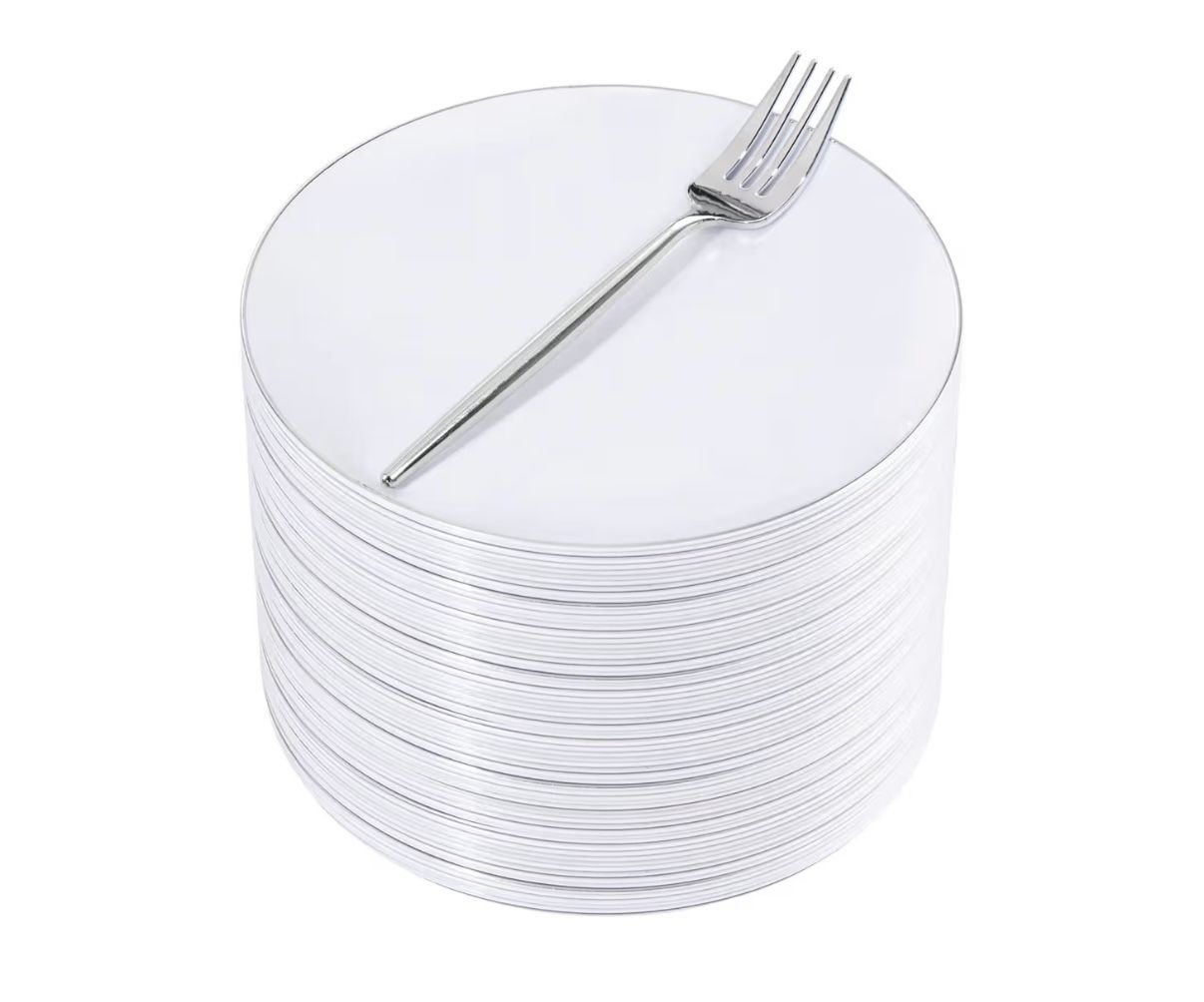100Pcs White Plastic Dessert Plates 7.5inch,100Pcs Disposable Silver Forks, New