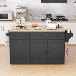 Rolling Kitchen Island on Wheels, Kitchen Islands Cart with Trash Can Storage Cabinet, Portable Island Table with Power Outlet, Drop Leaf, Spice Rack,
