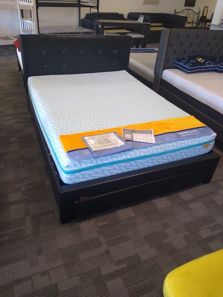 Queen Size Platform Bed Frame With Storage Drawerqnd 19 Inch Simmons Charli & Dixie Tiktok Gel Memory Foam Mattress Included