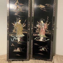 2 Vintage Asian Mother Of Pearl Soapstone Framed Wall Plaques 